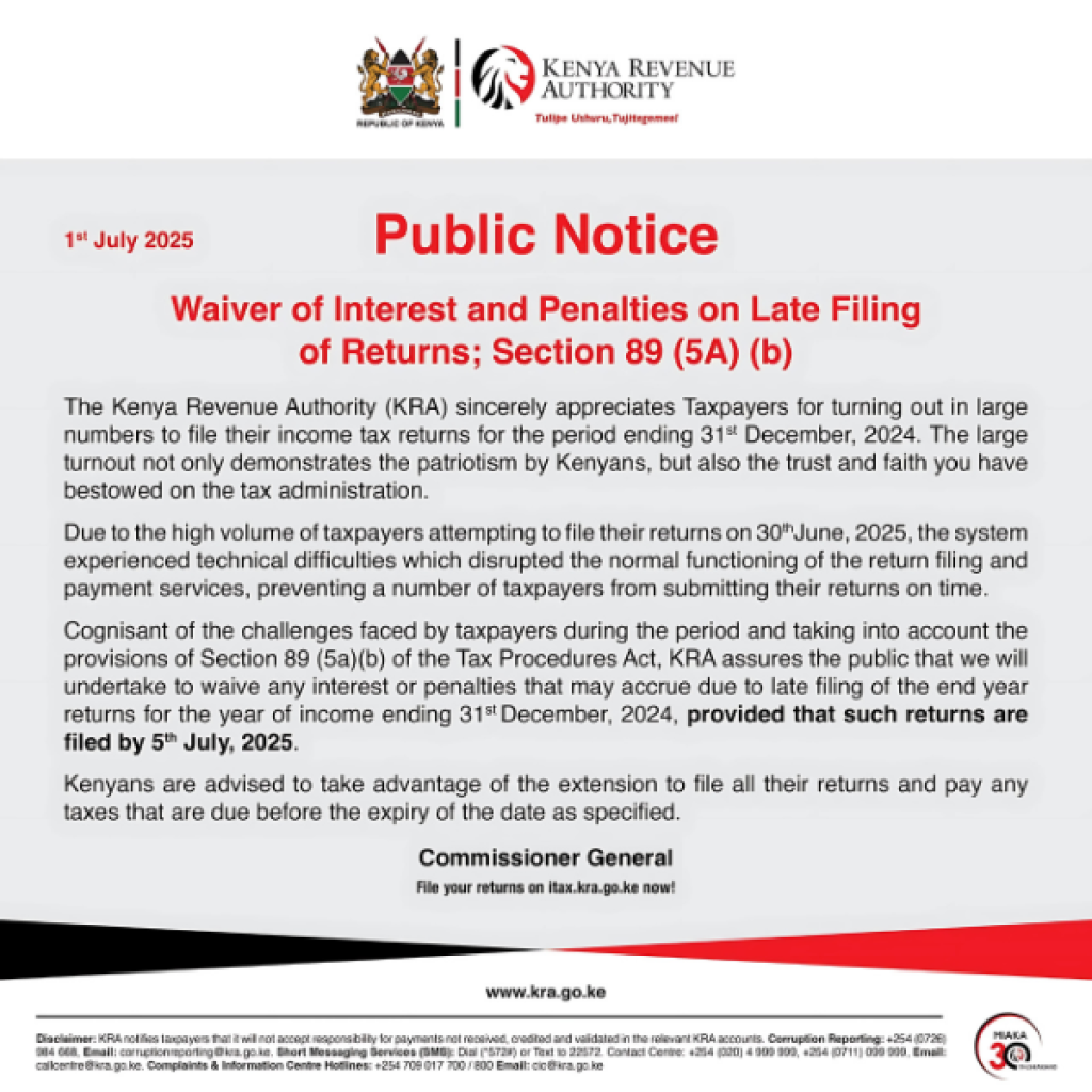 KRA Extends Tax Filing Deadline to July 5 Amid iTax System Challenges